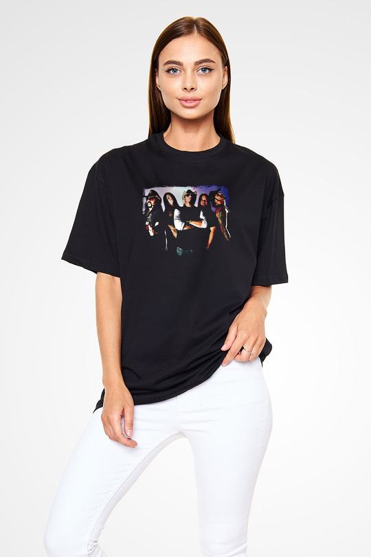 Hellyeah Baskılı Unisex Siyah Oversize Tişört