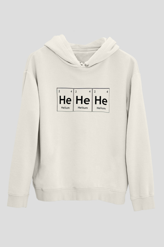 Helyum Elementi Hehehe Baskılı Unisex Beyaz Hoodie