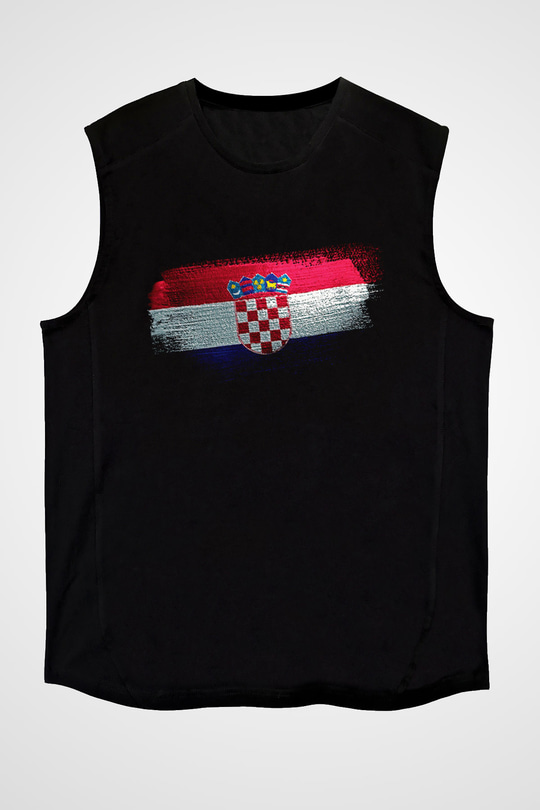 Hırvatistan - Croatia Bayrağı Baskılı Unisex Siyah Kolsuz Tişört