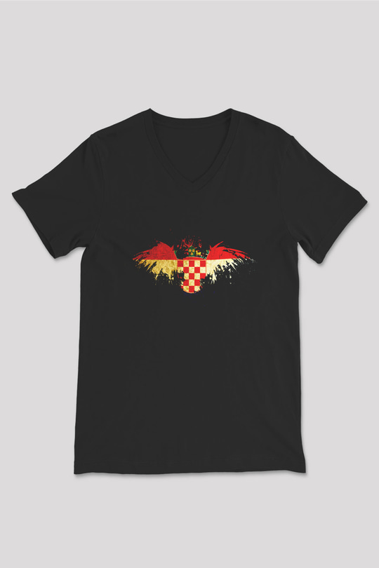 Hırvatistan Siyah Unisex V Yaka Tişört T-Shirt
