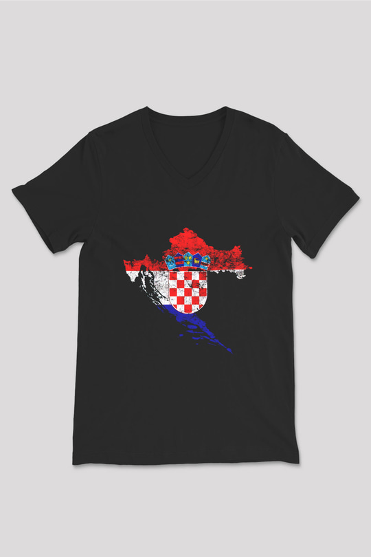 Hırvatistan Siyah Unisex V Yaka Tişört T-Shirt