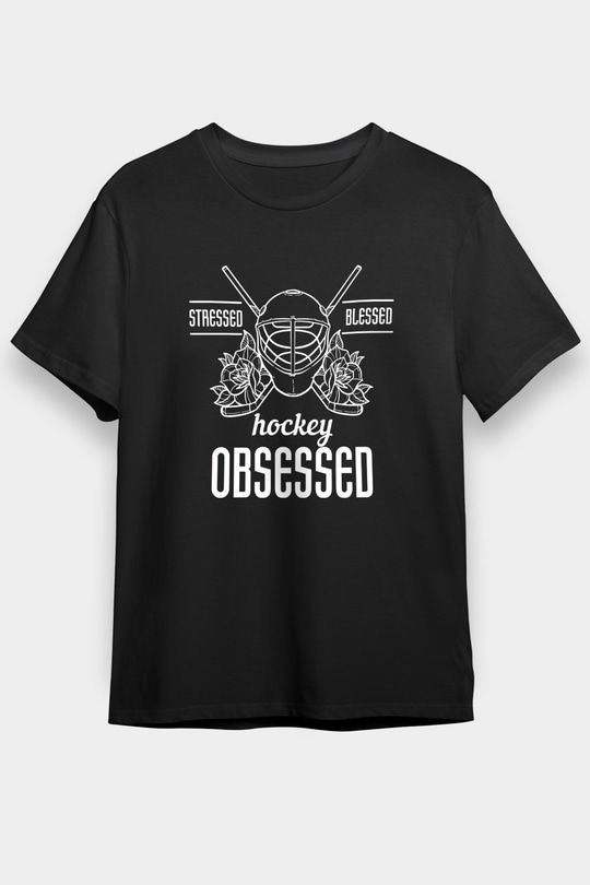 Hokey Baskılı Unisex Siyah Tişört - Tshirt