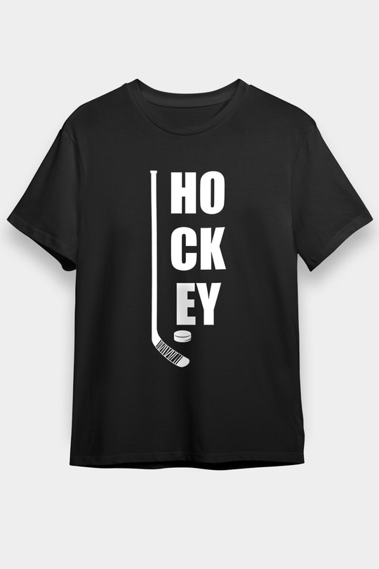 Hokey Baskılı Unisex Siyah Tişört - Tshirt
