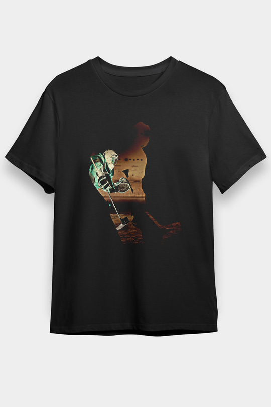 Hokey Baskılı Unisex Siyah Tişört - Tshirt