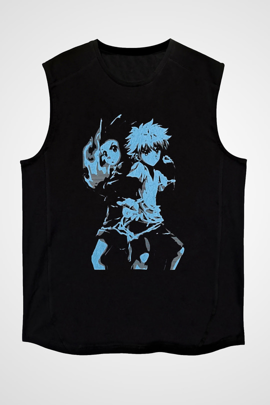 Hunter X Hunter Baskılı Unisex Siyah Kolsuz Tişört - Tshirt