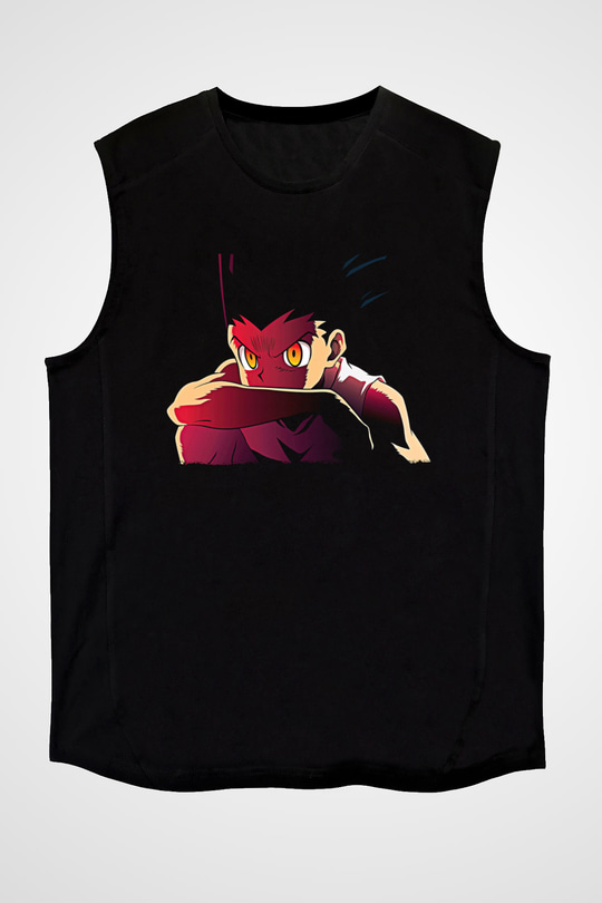 Hunter X Hunter Baskılı Unisex Siyah Kolsuz Tişört - Tshirt