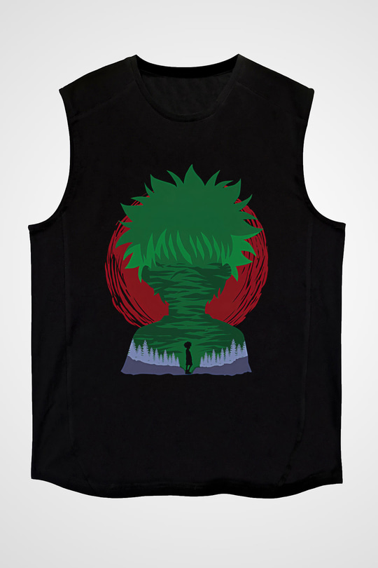 Hunter X Hunter Baskılı Unisex Siyah Kolsuz Tişört - Tshirt