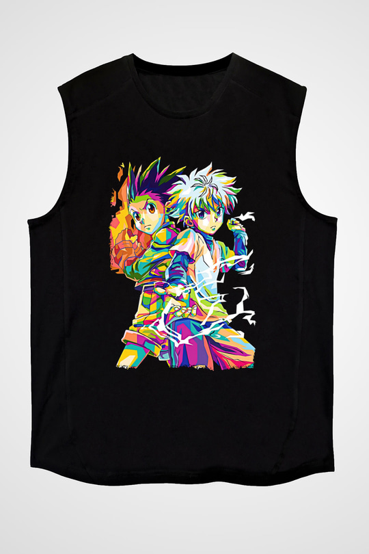 Hunter X Hunter Baskılı Unisex Siyah Kolsuz Tişört - Tshirt