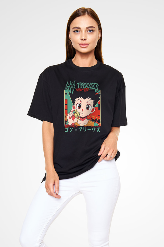 Hunter X Hunter Baskılı Unisex Siyah Oversize Tişört - Tshirt