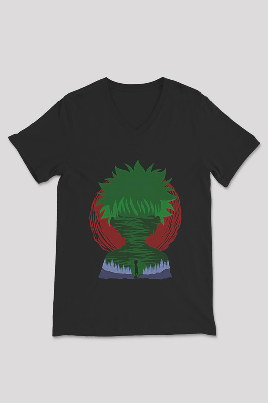 Hunter X Hunter Baskılı Unisex Siyah V Yaka Tişört - Tshirt