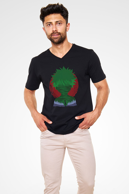 Hunter X Hunter Baskılı Unisex Siyah V Yaka Tişört - Tshirt