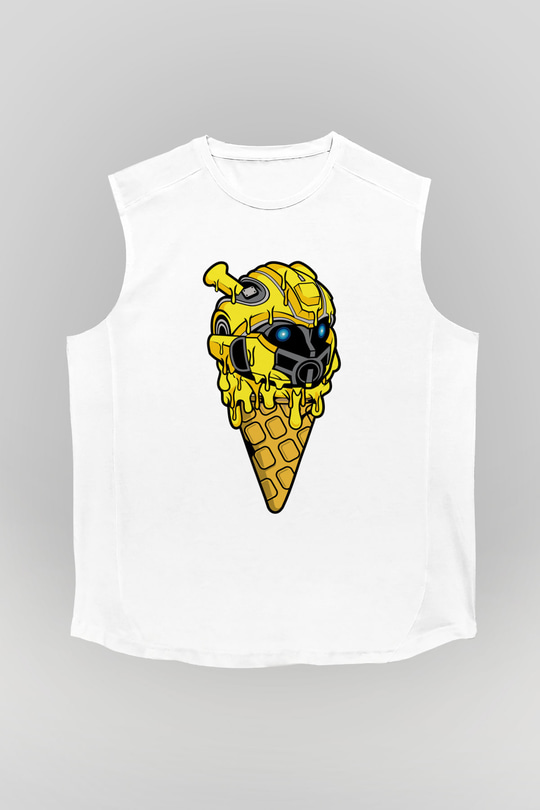 Ice Cream Bumble Bee Baskılı Unisex Beyaz Kolsuz Tişört