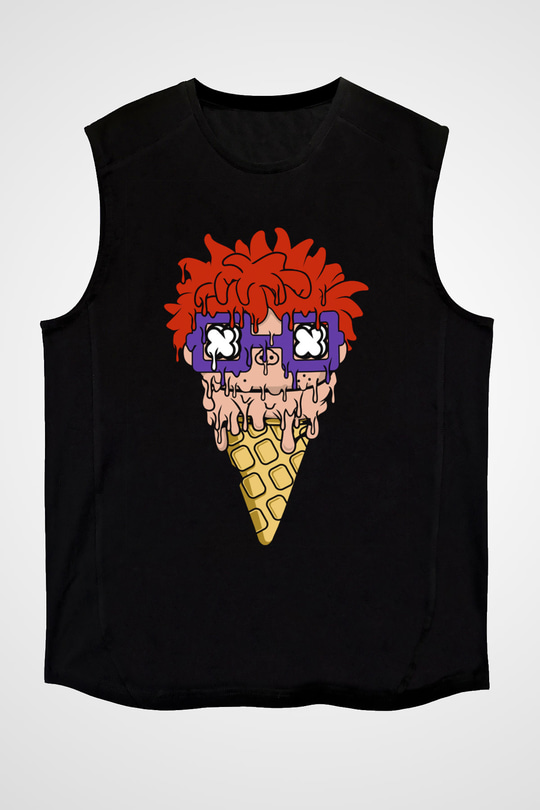 Ice Cream Rugrat Baskılı Unisex Siyah Kolsuz Tişört