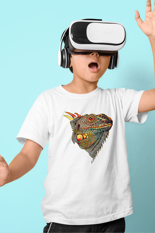 İguana Baskılı Beyaz Unisex Beyaz Çocuk Tişört - Tshirt