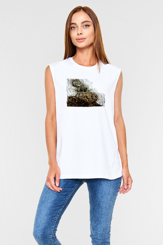 İguana Baskılı Beyaz Unisex Kolsuz Tişört - Tshirt