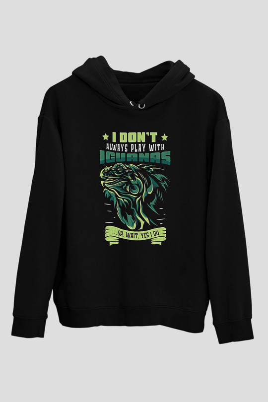 İguana Baskılı Unisex Siyah Hoodie