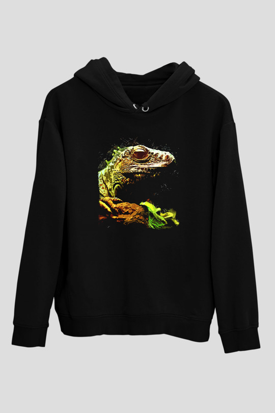 İguana Baskılı Unisex Siyah Hoodie