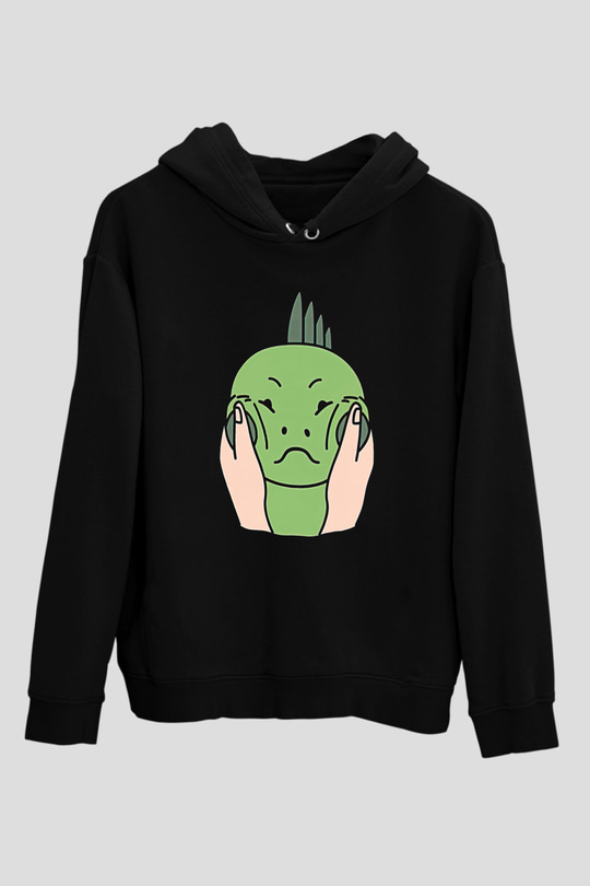 İguana Baskılı Unisex Siyah Hoodie