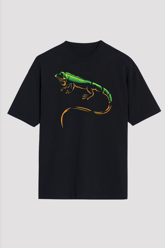 İguana Baskılı Unisex Siyah Oversize Tişört - Tshirt