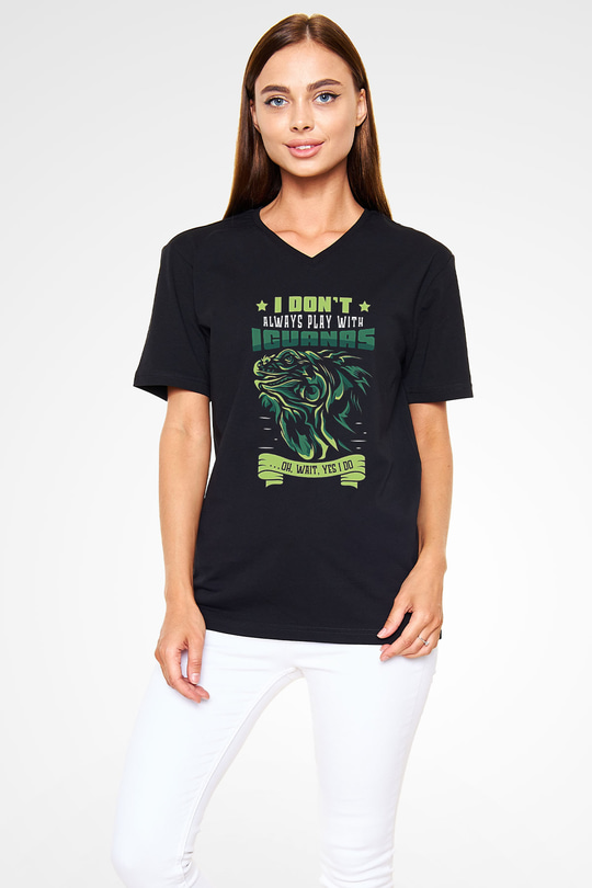 İguana Baskılı Unisex Siyah V Yaka Tişört - Tshirt