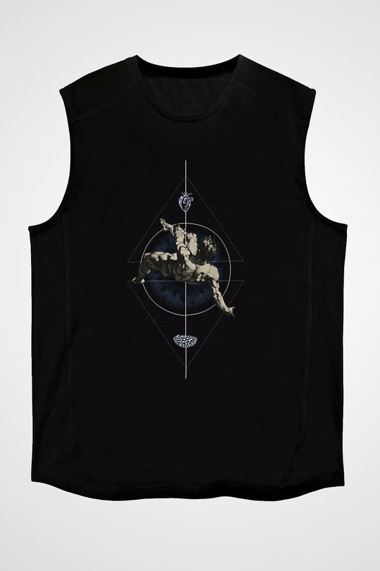 İkarus Baskılı Unisex Siyah Kolsuz Tişört - Tshirt