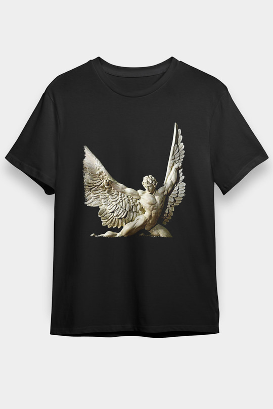 İkarus Baskılı Unisex Siyah Tişört - Tshirt