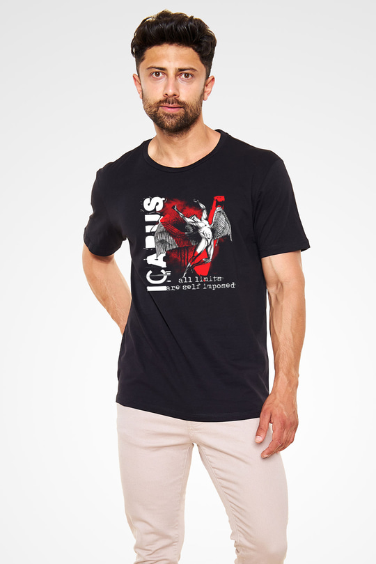 İkarus Baskılı Unisex Siyah Tişört - Tshirt