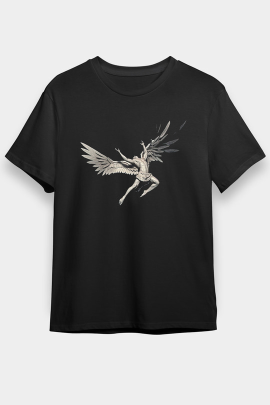 İkarus Baskılı Unisex Siyah Tişört - Tshirt