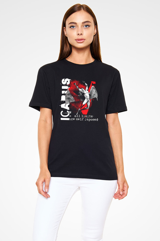 İkarus Baskılı Unisex Siyah Tişört - Tshirt