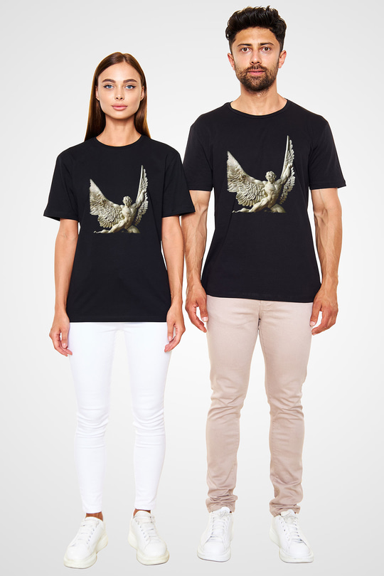 İkarus Baskılı Unisex Siyah Tişört - Tshirt