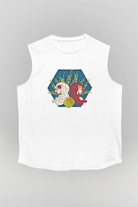 İkizler Burcu Baskılı Beyaz Unisex Kolsuz Tişört - Tshirt