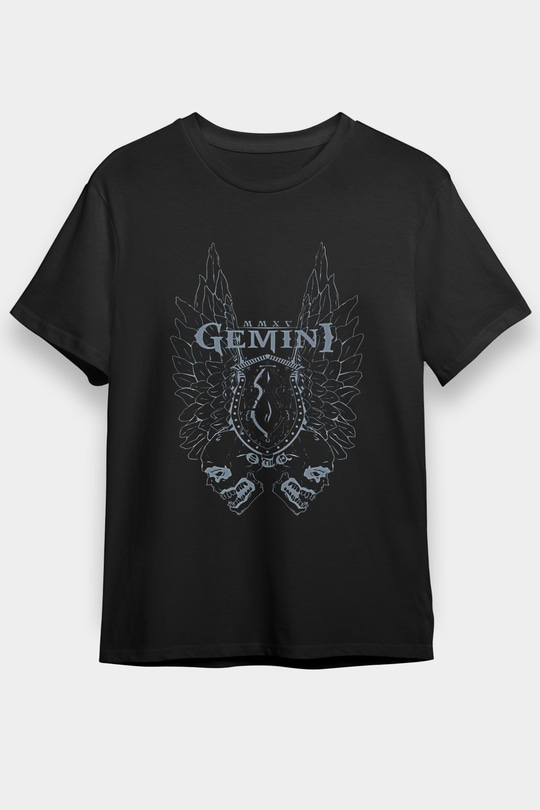 İkizler Burcu Baskılı Unisex Siyah Tişört - Tshirt