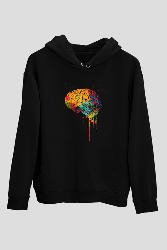 İnsan Beyin Renkli Baskılı Unisex Siyah Hoodie