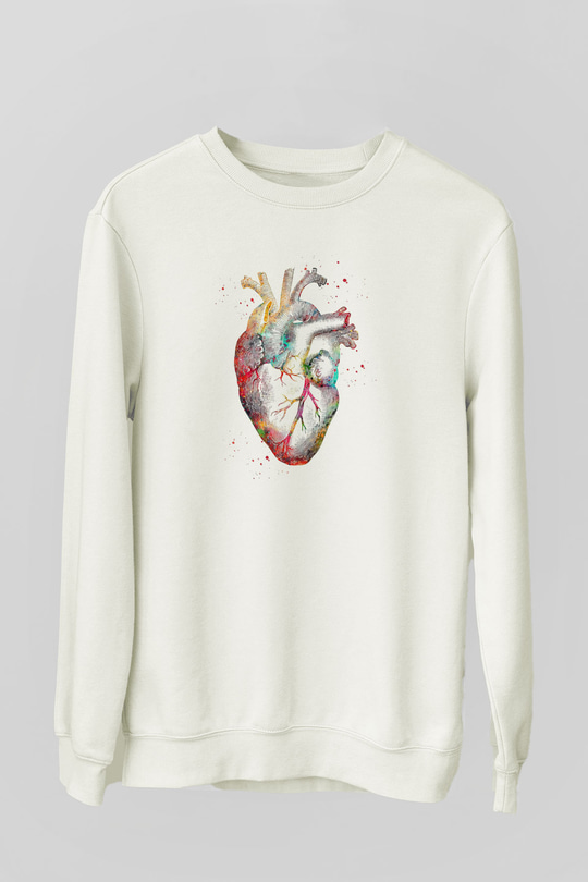 İnsan Kalbi Renkli Baskılı Unisex Ekru Sweatshirt