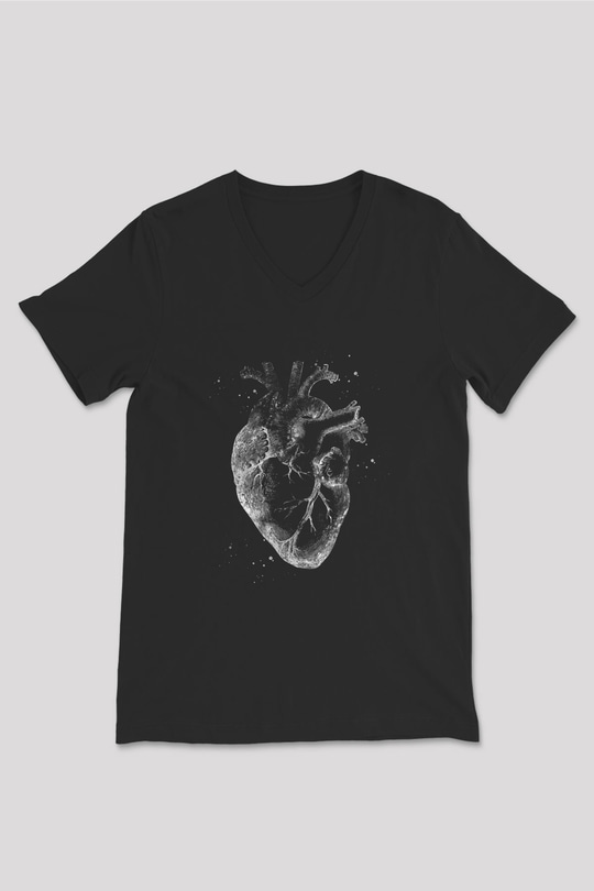 İnsan Kalbi Renkli Baskılı Unisex V Yaka Siyah Tİşört - Tshirt