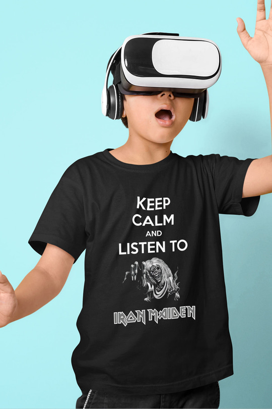 Iron Maiden Keep Calm And Listen To Baskılı Siyah Unisex Çocuk Tişört