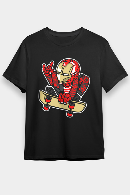 Iron Man Skateboard Baskılı Unisex Siyah Tişört