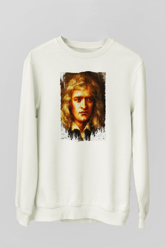 Isaac Newton Portre Baskılı Unisex Ekru Sweatshirt
