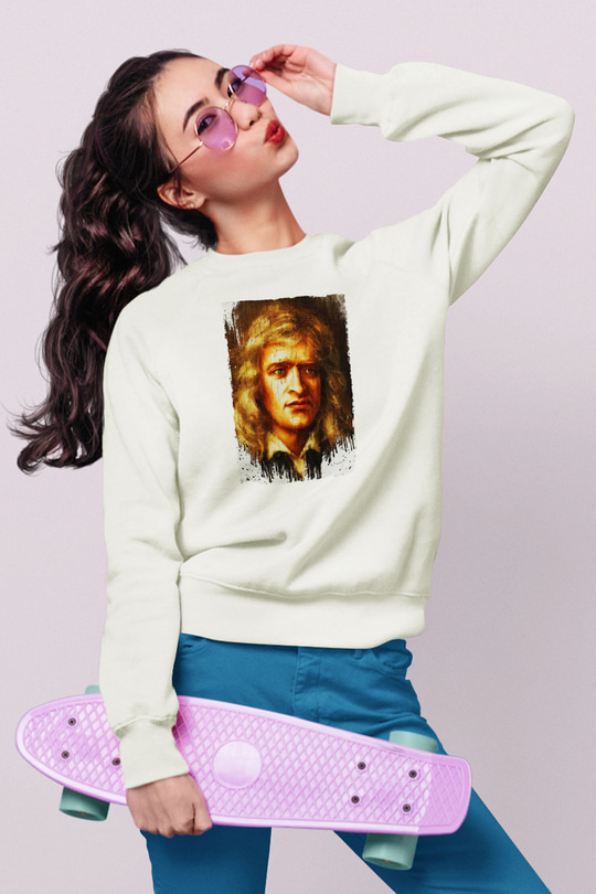 Isaac Newton Portre Baskılı Unisex Ekru Sweatshirt