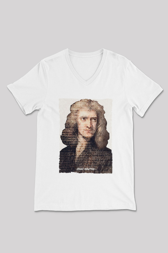 Isaac Newton Yazılı Portre Baskılı Unisex V Yaka Beyaz Tişört - Tshirt