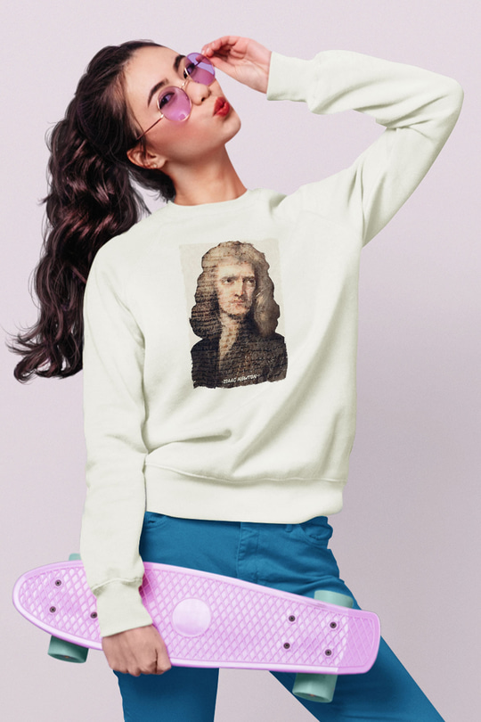 Isaac Newton Yazılı Portre Baskılı Unisex Ekru Sweatshirt