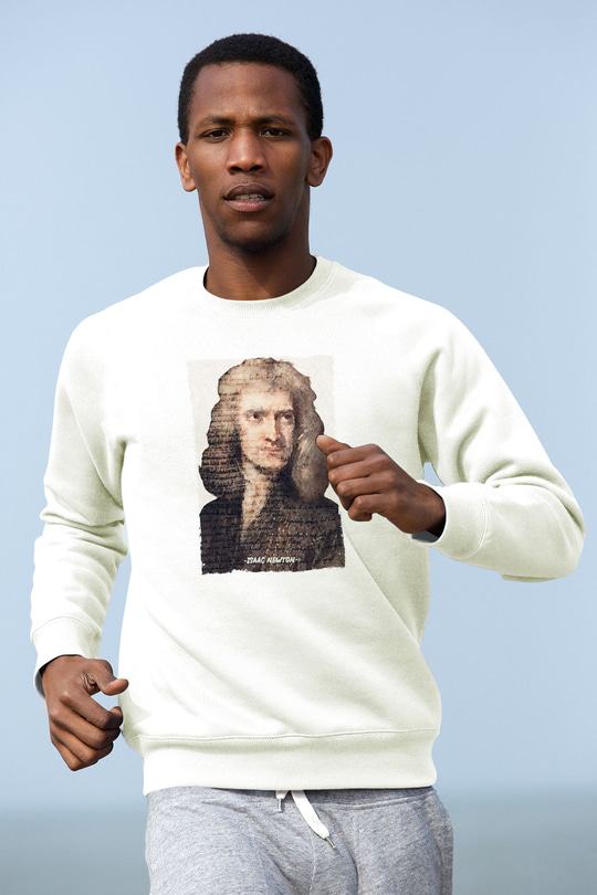 Isaac Newton Yazılı Portre Baskılı Unisex Ekru Sweatshirt