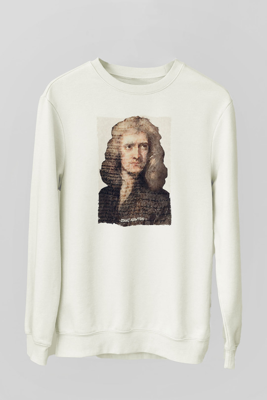 Isaac Newton Yazılı Portre Baskılı Unisex Ekru Sweatshirt