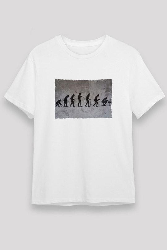 İşe Evrim Baskılı Unisex Beyaz Tişört - Tshirt