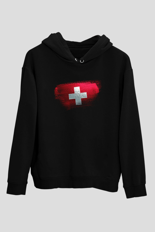 İsviçre - Switzerland Bayrağı Baskılı Unisex Siyah Hoodie