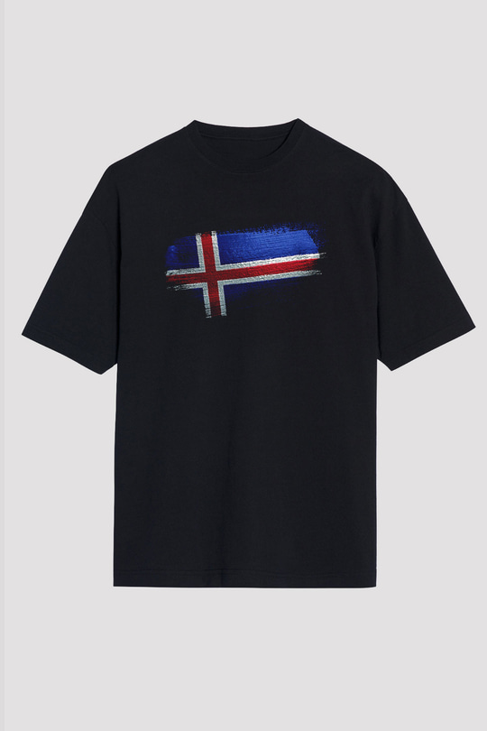 İzlanda - İceland Bayrağı Baskılı Unisex Siyah Oversize Tişört