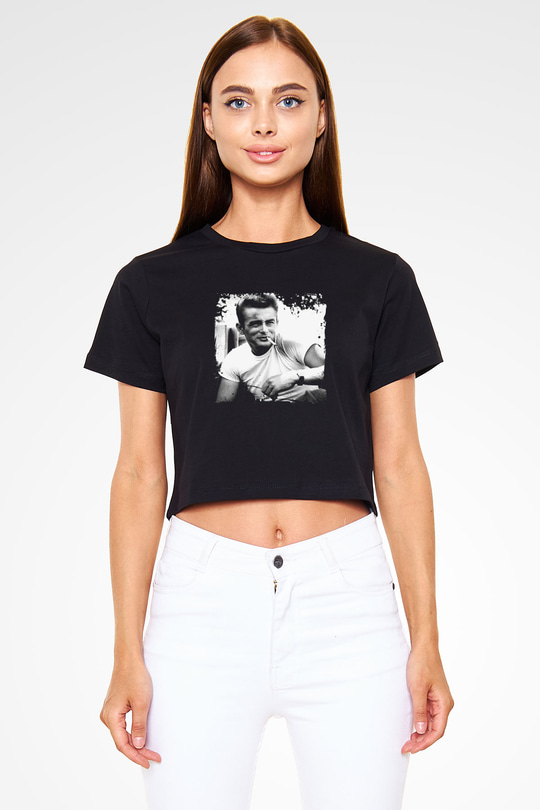James Dean Baskılı Siyah Kadın Crop Top Tişört