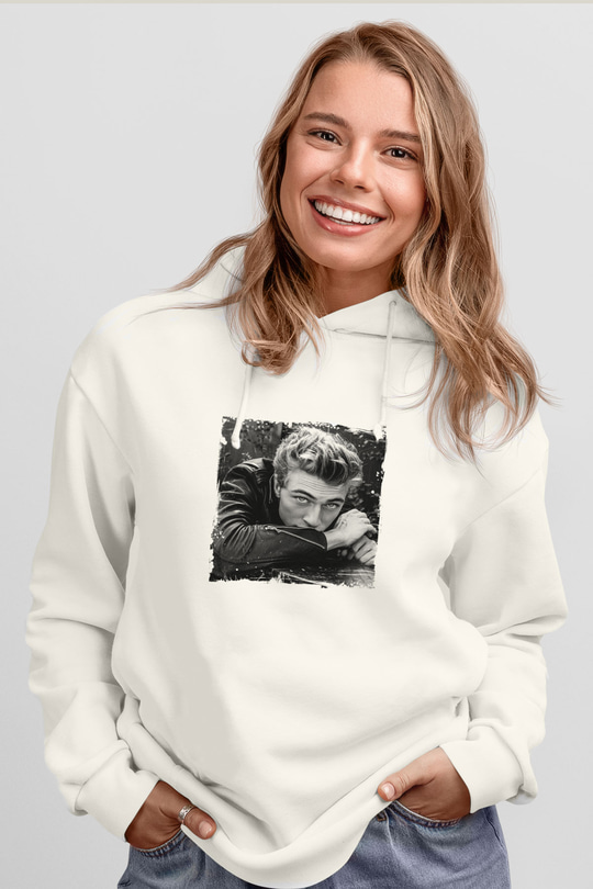 James Dean Unisex Baskılı Beyaz Kapüşonlu Sweatshirt