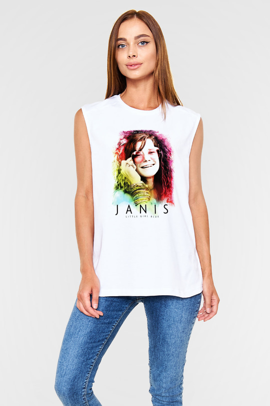 Janis Joplin Beyaz Unisex Kolsuz Tişört