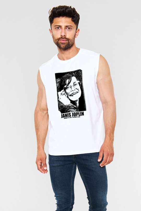 Janis Joplin Beyaz Unisex Kolsuz Tişört